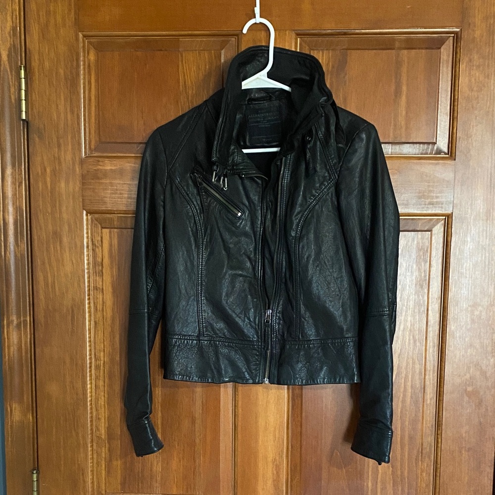 AllSaints Belvedere Black Leather Moto Jacket.